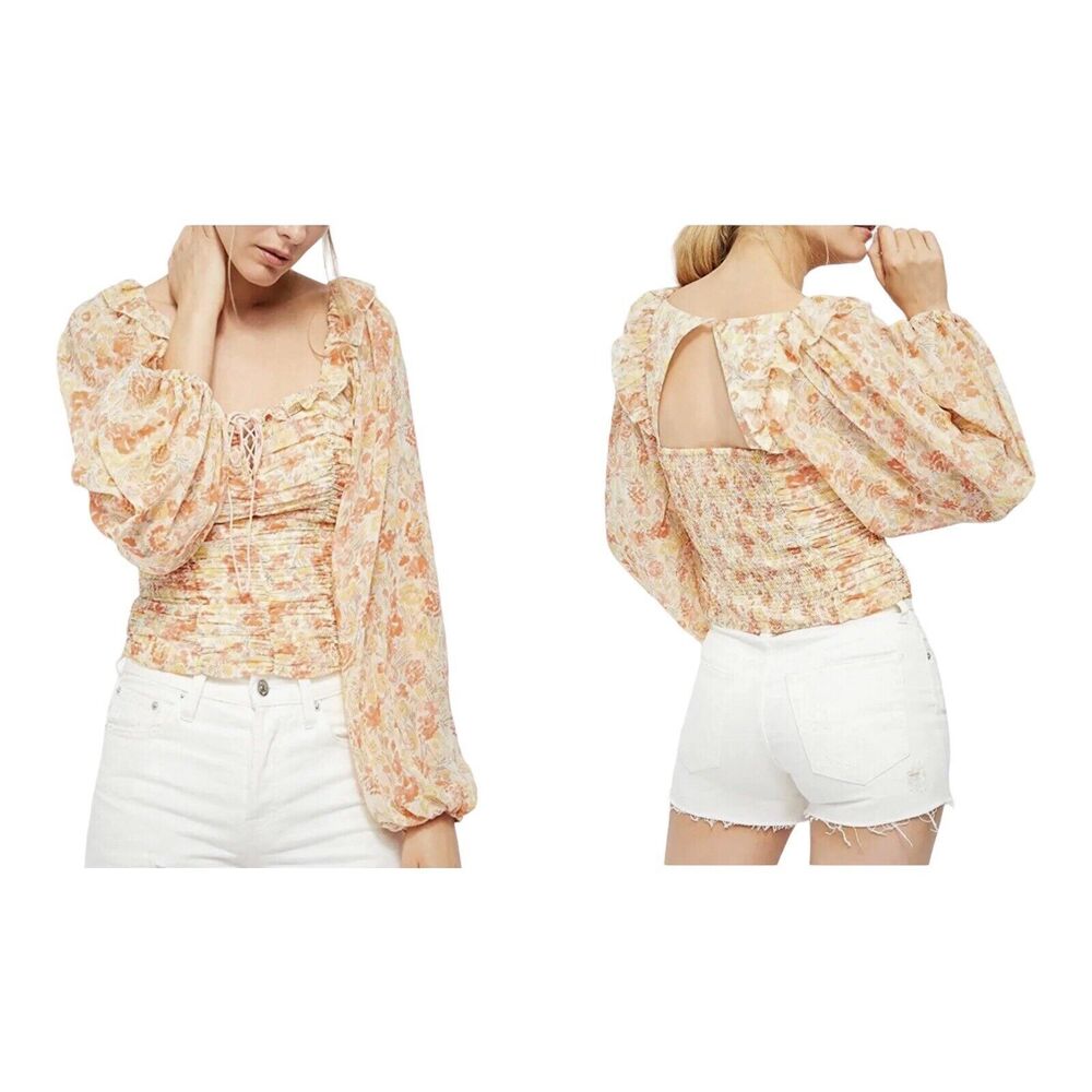 Free People Mabel Printed Blouse in Spring Combo long Sleeve Boho Top Small